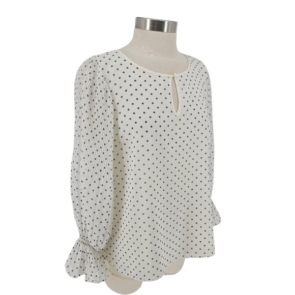Talbots Blouse Off White Polka Dot Gathered Long Sleeve Keyhole Top Petite PL - Picture 3 of 9